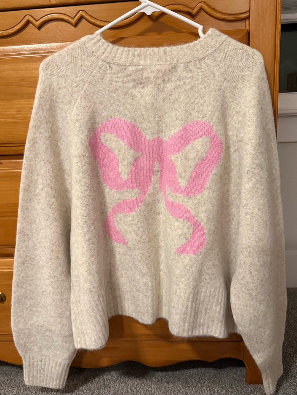 LoveShackFancy x Pink Cozy Cream Sweater with Pink Bow Motif